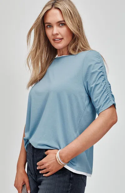 Jjill Petite Ruched-sleeve Layered-look Top In Cameo Blue/white
