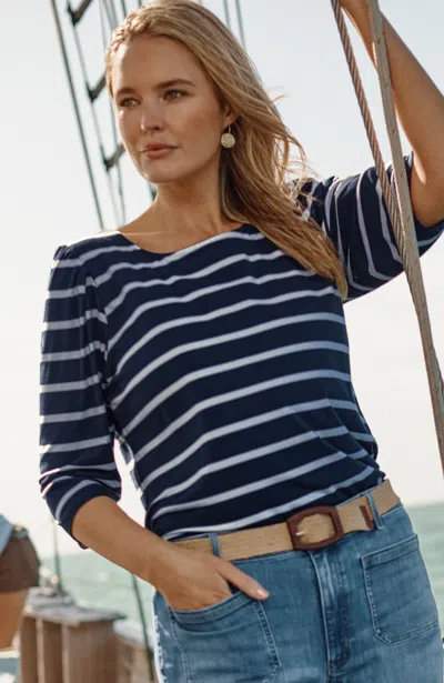 Jjill Petite Ruched-sleeve Tee Shirt In True Navy/white