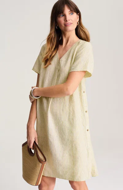 Jjill Petite Side-button Linen V-neck Dress In Canary Yellow Multi