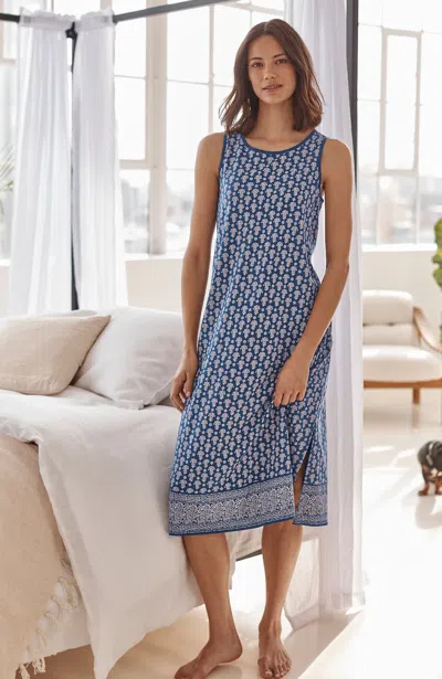 Jjill Petite Sleep Ultrasoft Sleeveless Midi Gown In Ink Blue Stencil Woodcut