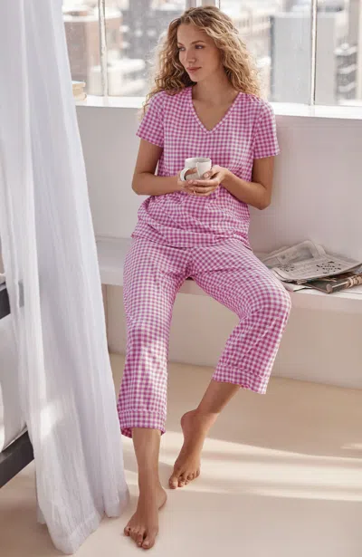 Jjill Petite Sleep Ultrasoft V-neck Tee Shirt In Dragon Fruit Cozy Gingham