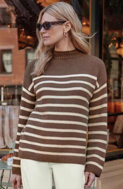 Jjill Petite Striped Mock-neck Sweater In Brown