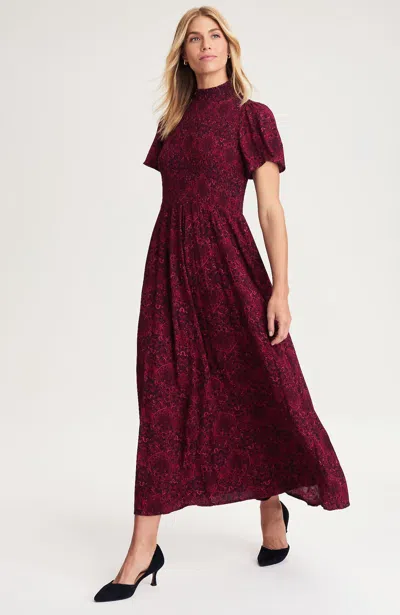 Jjill Petite Tapestry-printed Smocked-bodice Dress In Scarlet Vibrant Tapestry