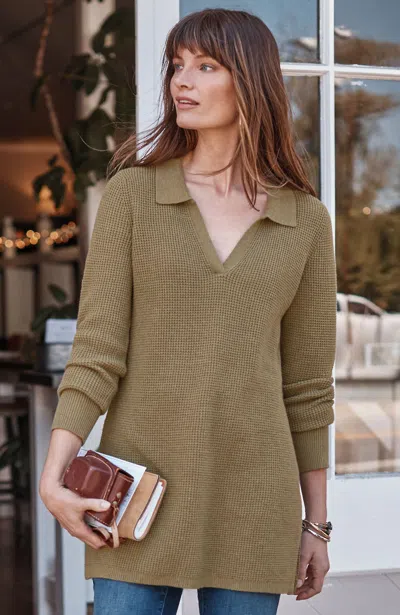 Jjill Petite Textured Johnny-collar Sweater Tunic Pullover In Ochre Heather
