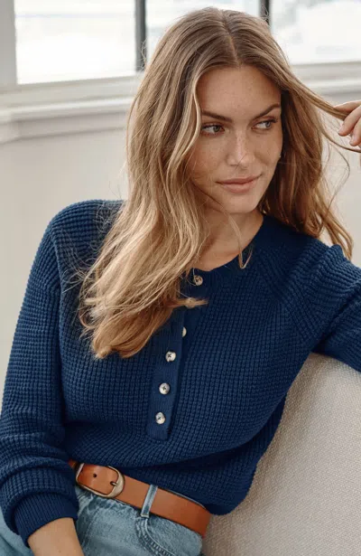 Jjill Petite Waffle-knit Henley Sweater Pullover In Navy Blue
