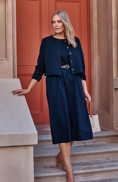 Jjill Petite Wearever 2-in-1 Mixed-media Midi Dress In Blue