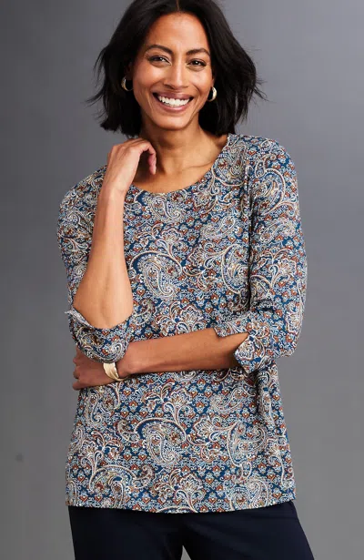 Jjill Petite Wearever Ballet-sleeve Crew-neck Top In Dark Cadet Blue Enchanting Paisley