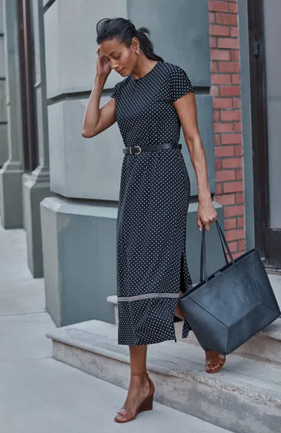 Jjill Petite Wearever Cap-sleeve Maxi Dress In Navy Blue Ornate Dots