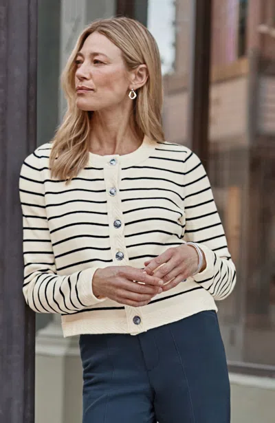 Jjill Petite Wearever Striped Sweater-jacket In Cream/navy Blue