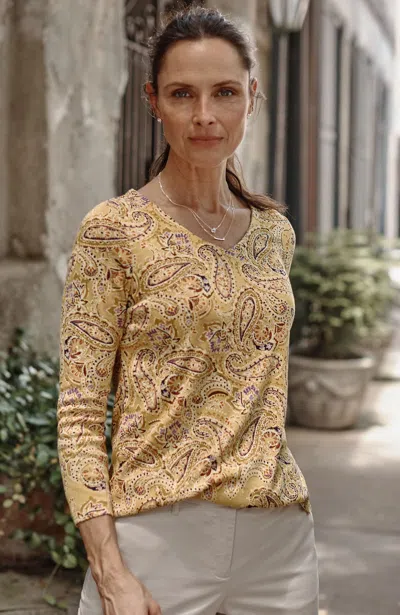 Jjill J.jill Pima 3/4-sleeve V-neck Tee In Dark Daffodil Sophisticated Paisley