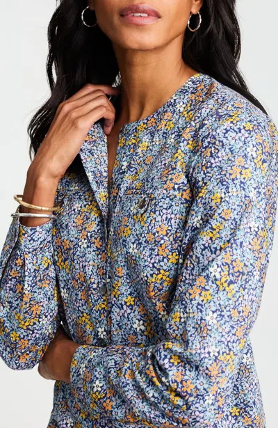 Jjill Pima Cotton Band-collar Shirt In Ink Blue Exuberant Florette