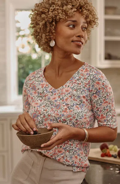 Jjill J.jill Pima-slub Elbow-sleeve Tee In French White Floral Tempera