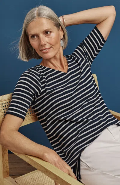 Jjill J.jill Pima-slub Elbow-sleeve Tee In Navy Blue,cream