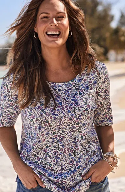 Jjill J.jill Pima-slub Scoop-neck Side-slit Tee In Cream Cheery Floral