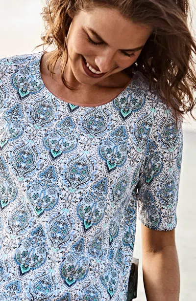 Jjill J.jill Pima-slub Scoop-neck Side-slit Tee In White Damask Medallion