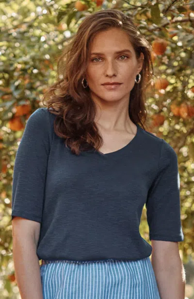 Jjill Pima-slub Elbow-sleeve Tee Shirt In Navy Blue