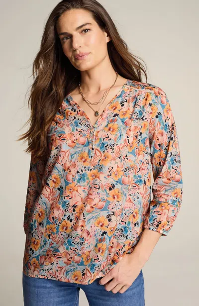 Jjill J.jill Pintucked Cotton Voile Top In Light Peach Watercolor Floral