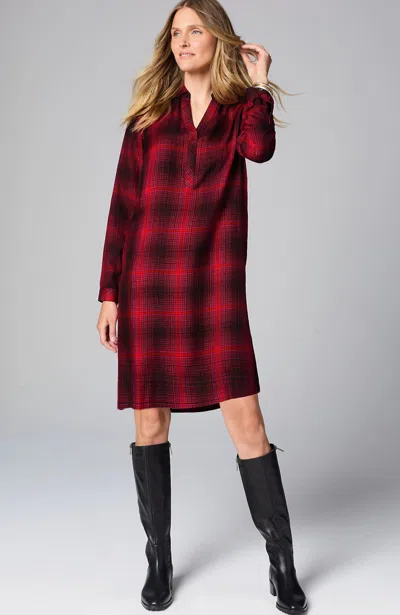 Jjill J.jill Plaid Split-neck Dress In Ruby Red Multi