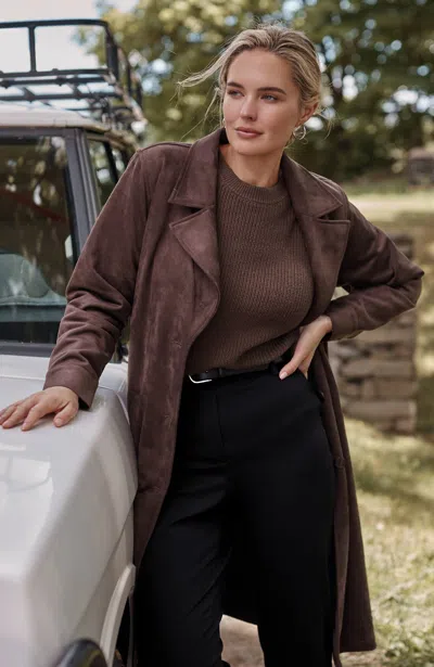 Jjill Plus Size Faux-suede Trench Coat In Brown