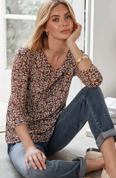 Jjill Plus Size Pima 3/4-sleeve V-neck Tee Shirt In Black Floral Clusters