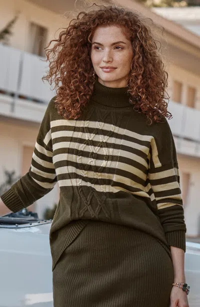 Jjill Plus Size Striped Cable-textured Sweater In Cedar Green/jute