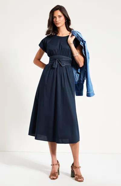 Jjill Plus Size Topstitched Tie-waist Midi Dress In Classic Navy/cream