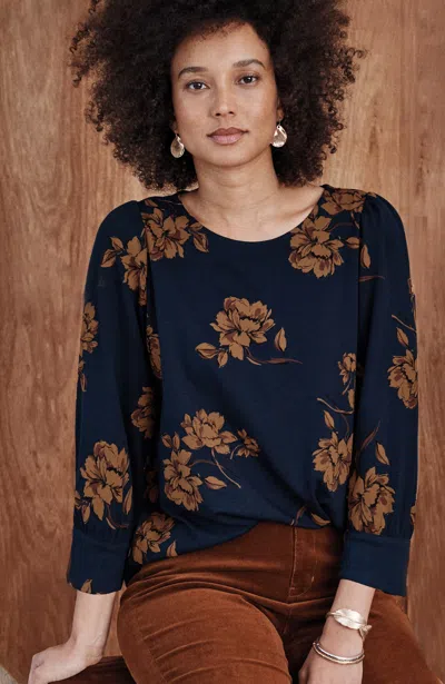 Jjill Ponte Knit Blouse In Navy Blue Painterly Blooms