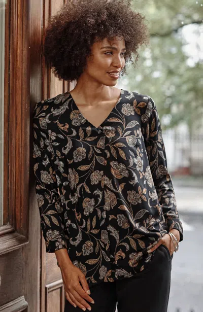 Jjill J.jill Printed Satin V-neck Popover In Black Sequin Jacobean