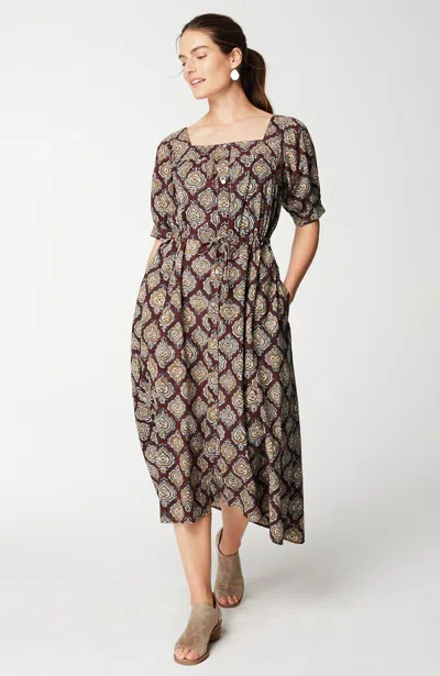 Jjill J.jill Pure Jill Block-printed Square-neck Dress In Eggplant Filigree Medallion