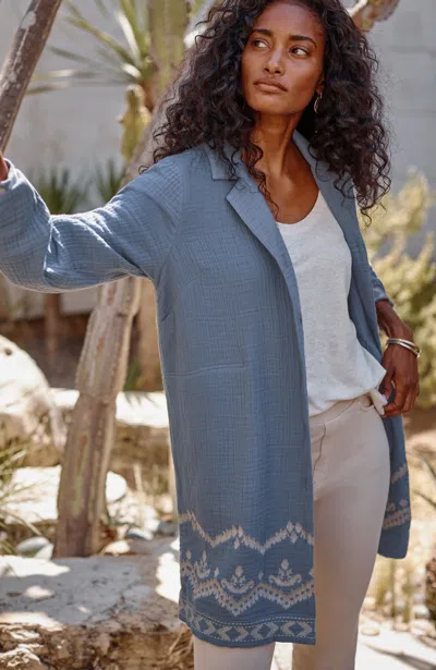 Jjill J.jill Pure Jill Cotton-gauze Embroidered Duster Jacket In Stone Blue,vintage Canvas