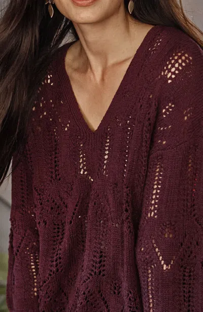 Jjill J.jill Pure Jill Open-textured V-neck Sweater In Eggplant