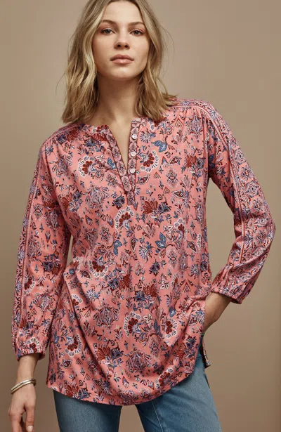Jjill J.jill Pure Jill Printed Henley Tunic In Coral Stone Artisnal Jacobean