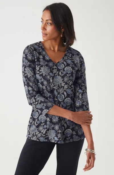 Jjill J.jill Pure Jill Printed V-neck Tee In Black Stitched Floral