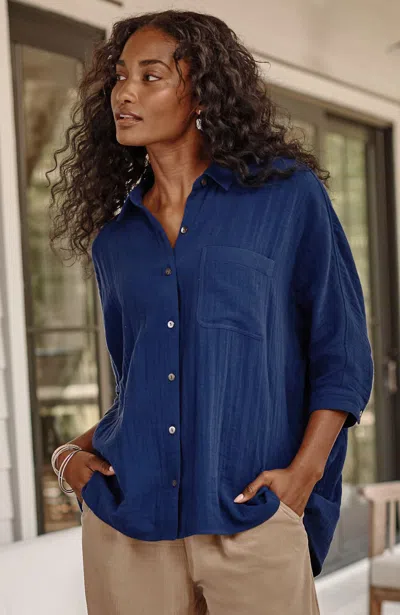 Jjill J.jill Pure Jill Relaxed Gauze Button-front Top In Blue Sea