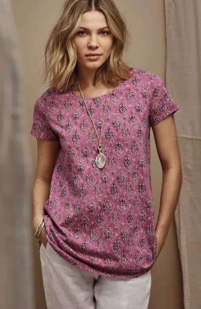 Jjill J.jill Pure Jill Scoop-neck Elliptical Tee In Dark Pink Blossom Ornate Stamp