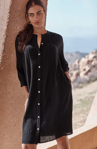 Jjill Pure Jill Smocked Cotton-gauze Dress In Black