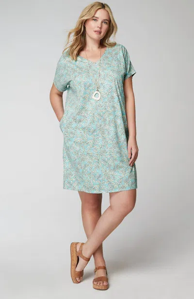 Jjill J.jill Pure Jill Soft-v-neck T-shirt Dress In Turquoise Stitched Leaves