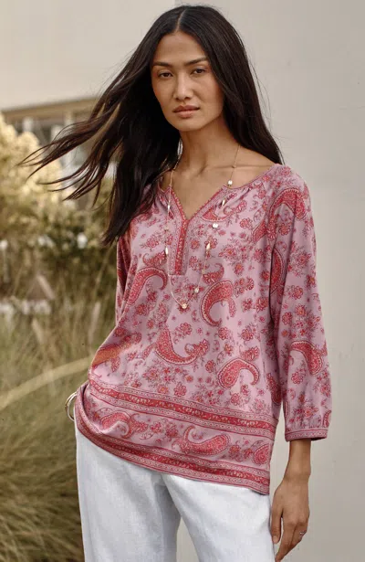 Jjill J.jill Pure Jill Split-neck Border-printed Top In Moonlit Mauve Charming Paisley