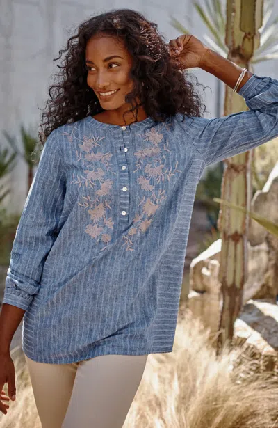 Jjill J.jill Pure Jill Striped Embroidered Tunic In Moonlit Sky,vintage Canvas