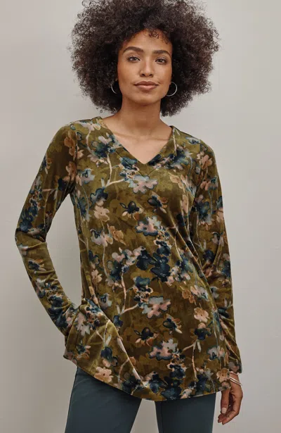 Jjill J.jill Pure Jill Velour V-neck Tunic In Dark Ochre Moody Watercolor