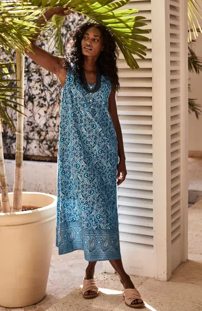 Jjill J.jill Pure Jill Waist-seamed Maxi Dress In Soft Blue Wave Mixed Artisanal Floral