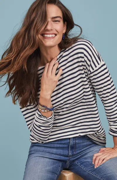 Jjill J.jill Relaxed Boat-neck Tee In Oatmeal Heather,navy Blue