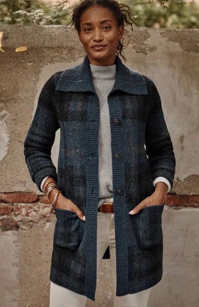 Jjill J.jill Ribbed-collar Plaid Sweater-jacket In Dark Blue Heather Multi