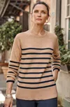 Jjill J.jill Ribbed Stripe Sweater In Caramel Heather,navy Blue
