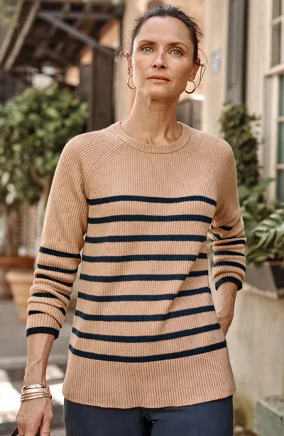 Jjill J.jill Ribbed Stripe Sweater In Caramel Heather,navy Blue