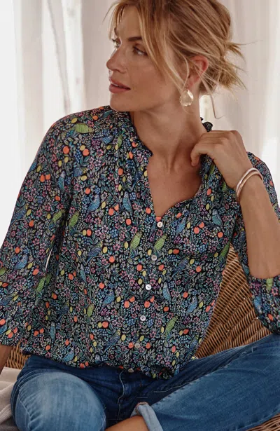 Jjill J.jill Ruffle-neck Button-front Top In Marine Enchanting Garden