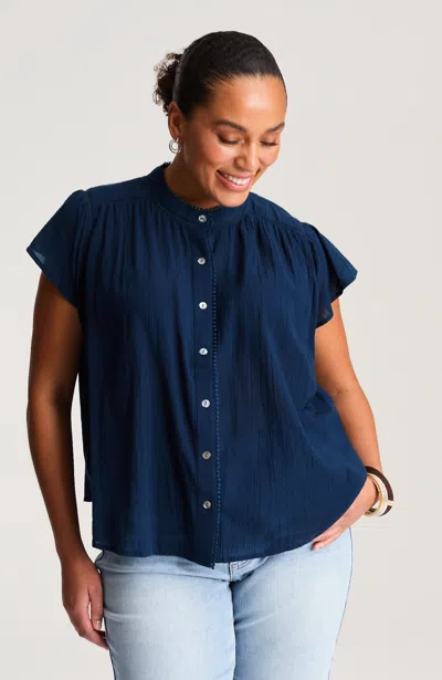 Jjill Shirred-trim Cap-sleeve Top In Blue