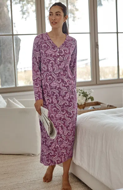 Jjill J.jill Sleep Ultrasoft Long Sleeve Gown In Berry Blush Tonal Paisley