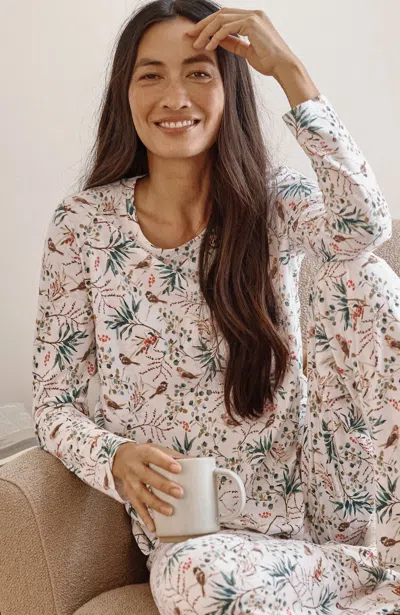 Jjill J.jill Sleep Ultrasoft Long-sleeve Top In Pearl White Heather Festive Songbirds