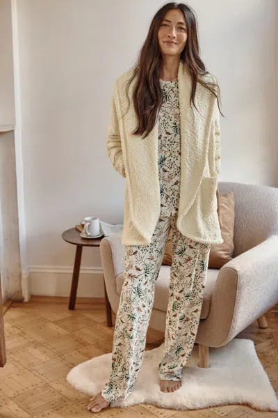 Jjill J.jill Sleep Ultrasoft Relaxed Full-leg Pants In Pearl White Heather Festive Songbirds